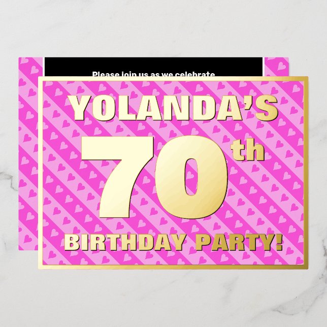 70th Birthday Party — Fun Pink Hearts and Stripes (Front/Back)