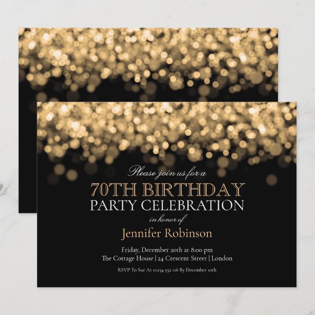 70th Birthday Party Glam Gold Lights Invitation (Front/Back)