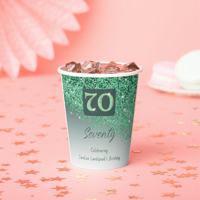 70th Birthday Party Gleaming Green Glitter Paper Cups (Insitu)