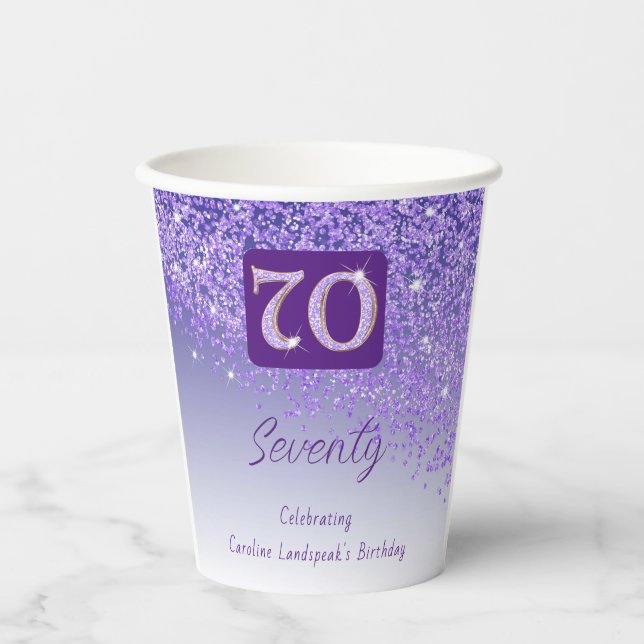 70th Birthday Party Gleaming Purple Glitter Paper Cups (Front)