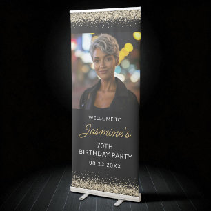 70th Birthday Party Gold Black Glitter Photo Retractable Banner