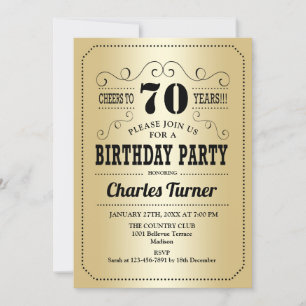 70th Birthday Party - Gold Black Invitation