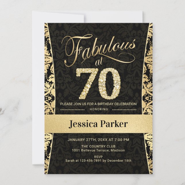 70th Birthday Party - Gold Black Invitation (Front)