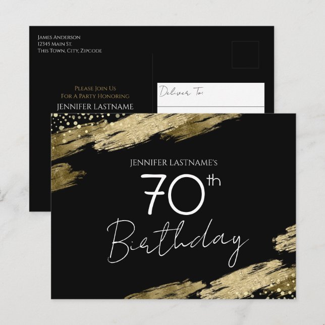 70th Birthday Party Gold Black Invitation Postcard (Front/Back)