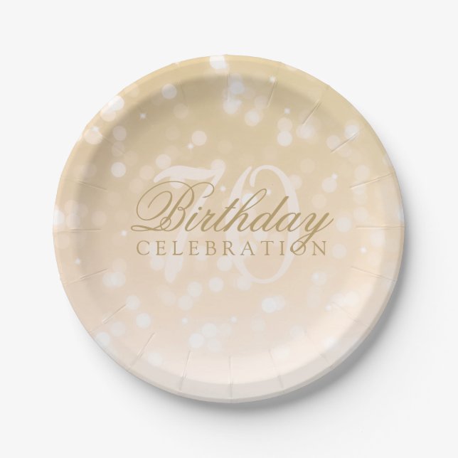 70th Birthday Party Gold Bokeh Sparkle Lights Paper Plate (Front)