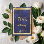 70th birthday party gold frame blue invitation<br><div class="desc">A festive and elegant 70th birthday party invitation card. A dark midnight blue background colour and a faux gold frame. With a golden confetti rain. The blue colour is uneven. On front the text: 70th birthday! and a floral faux gold decor.
Back: Templates for your party information,  golden letters.</div>