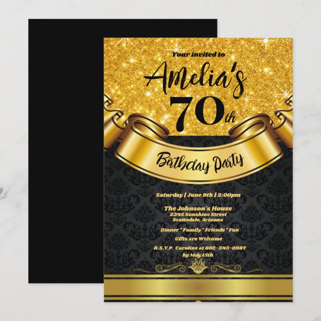 70th Birthday Party Gold Glitter-Black Elegant Invitation (Front/Back)
