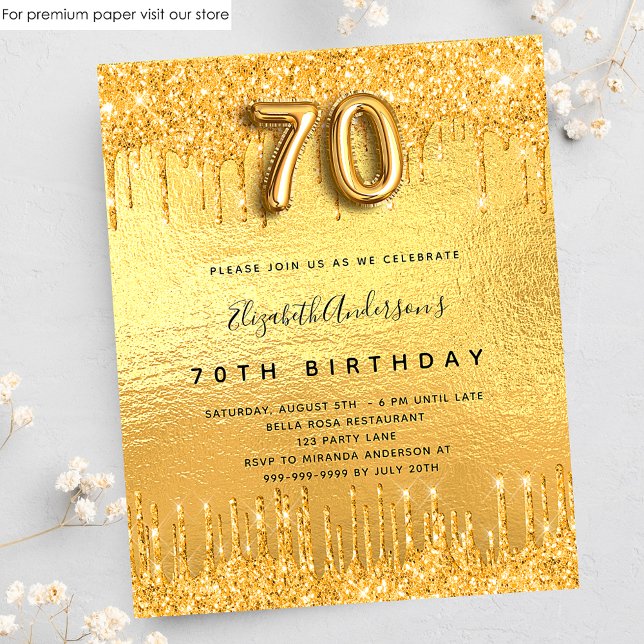 70th birthday party gold glitter budget invitation flyer (Creator Uploaded)