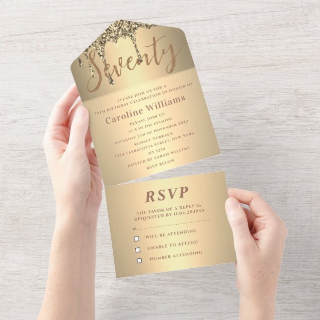 70th Birthday Party Gold Glitter Drip Modern All In One Invitation (Tearaway)