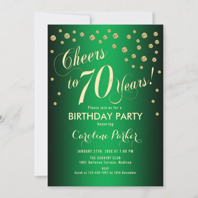 70th Birthday Party - Gold Green Invitation (Front)