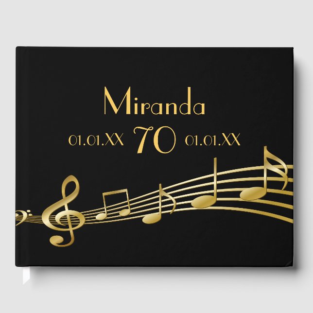 70th birthday party gold music notes on black guest book (Front)