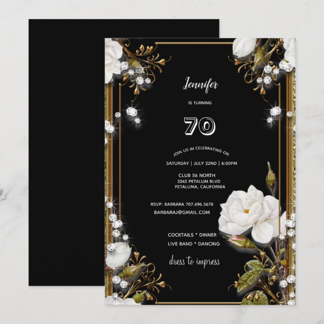 70th Birthday/Party Gold Ornate Frame White Flower Invitation (Front/Back)