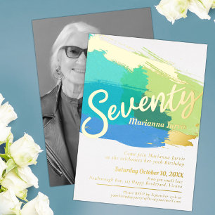 70th Birthday party gold photo blue green abstract