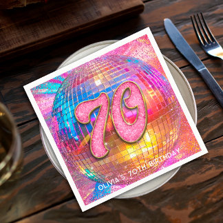 70th Birthday Party Gold Pink Glitter Disco Ball Napkin