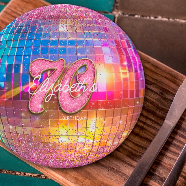 70th Birthday Party Gold Pink Glitter Disco Ball Paper Plate (Creator Uploaded)