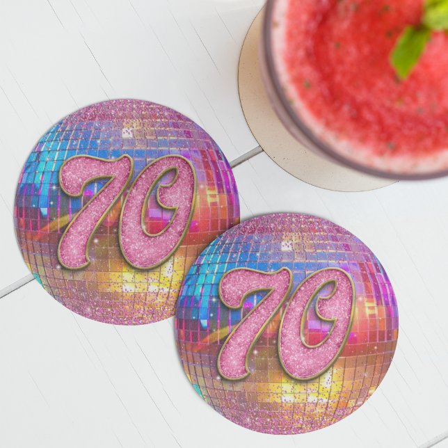 70th Birthday Party Gold Pink Glitter Disco Ball Round Paper Coaster (Creator Uploaded)