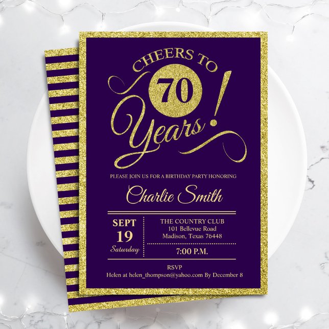 70th Birthday Party - Gold Purple ANY AGE Invitation (Creator Uploaded)