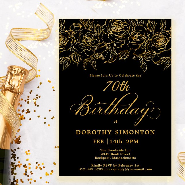 70th Birthday Party Gold Rose Floral Black Invitation (Creator Uploaded)