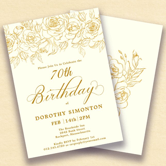 70th Birthday Party Gold Rose Floral Ivory White Invitation (Creator Uploaded)