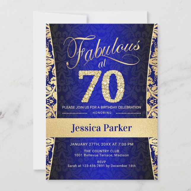 70th Birthday Party - Gold Royal Blue Invitation (Front)