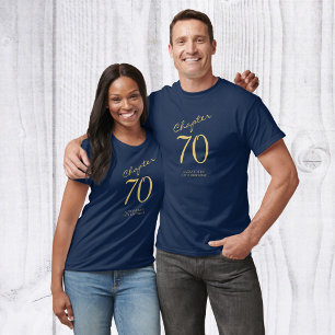 70th Birthday Party Gold Script Blue T-Shirt