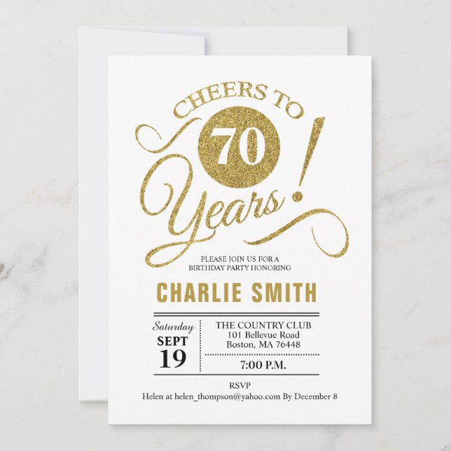 70th Birthday Party - Gold White Invitation (Front)