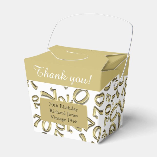 70th Birthday Party Gold/White Number Pattern Favour Box (Front Side)