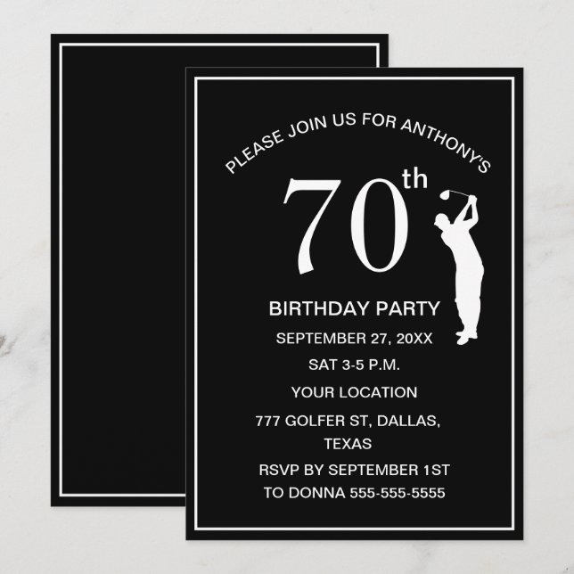 70th Birthday Party Golfer Black Par Dad Golf Invitation (Front/Back)