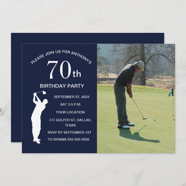 70th Birthday Party Golfer Blue Par Golf Photo Invitation (Front/Back)