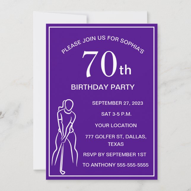 70th Birthday Party Golfer Purple Par Ladies Golf Invitation (Front)