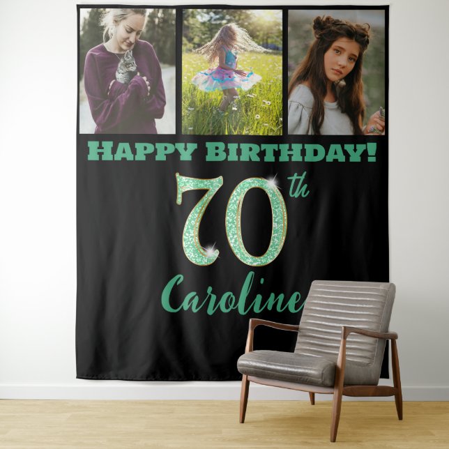 70th Birthday Party, Green Glitter & 3 photos Tapestry (In Situ)