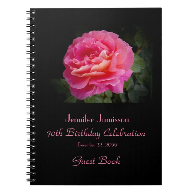 70th Birthday Party Guest Book, Pink Rose Notebook (Front)