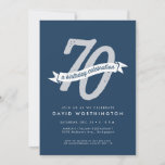 70th birthday party invitation<br><div class="desc">Celebrate 70 years with this navy blue and silver invitation feature a banner and a large 70.</div>