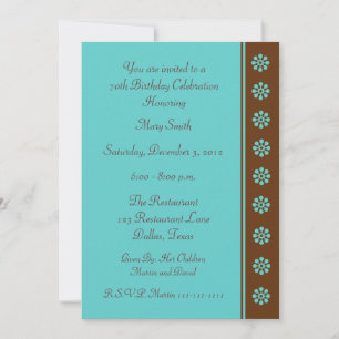 70th Birthday Party Invitation Aqua and Brown
