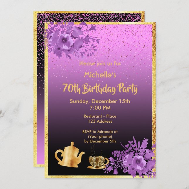 70th birthday party invitation gold black purple (Front/Back)