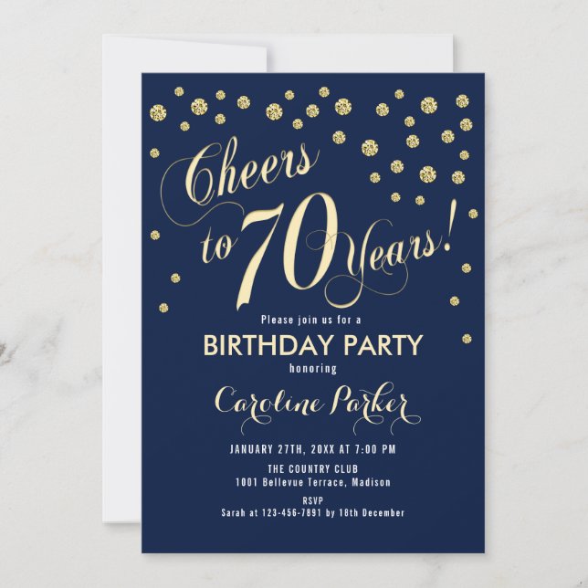 70th Birthday Party Invitation - Gold Navy (Front)