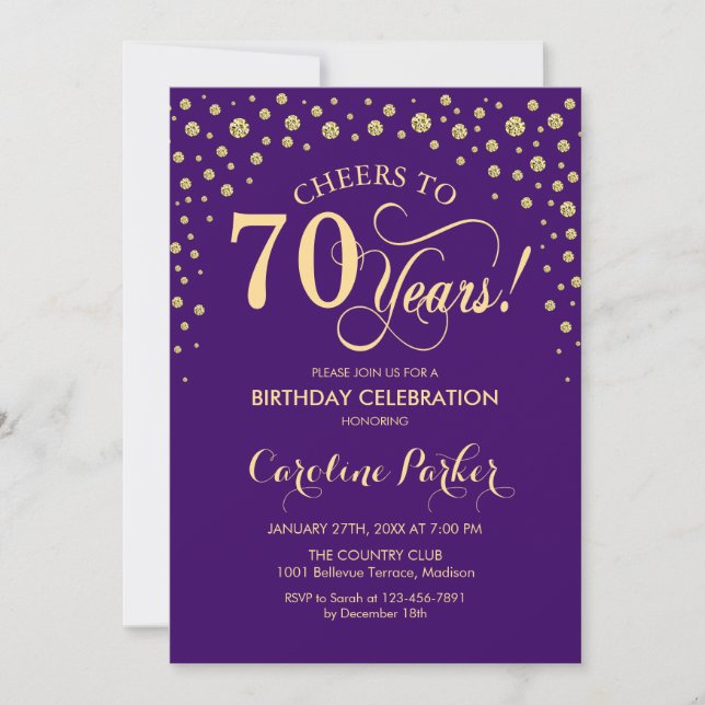70th Birthday Party Invitation - Gold Purple (Front)