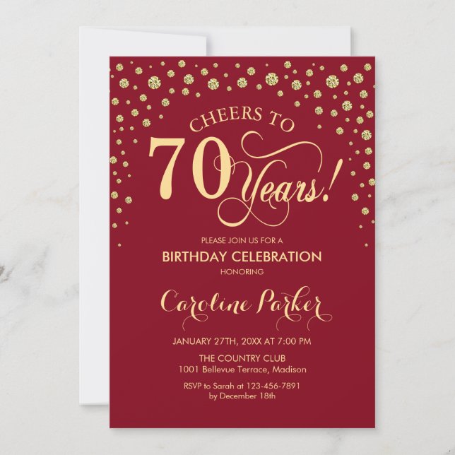 70th Birthday Party Invitation - Gold Red (Front)
