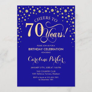 70th Birthday Party Invitation - Gold Royal Blue