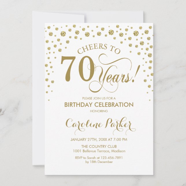 70th Birthday Party Invitation - Gold White (Front)