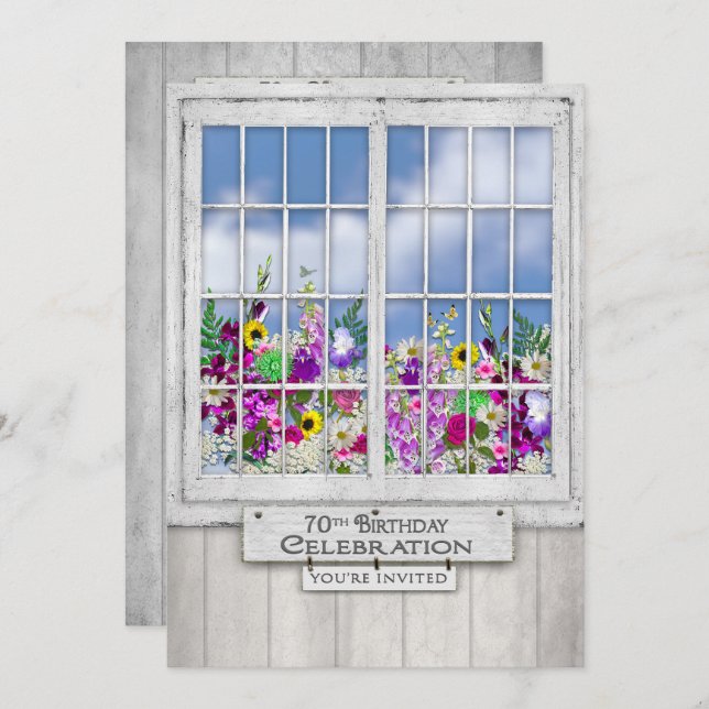 70th Birthday Party INVITATION, Rustic Window Invitation (Front/Back)