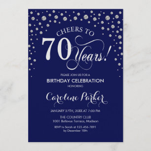 70th Birthday Party Invitation - Silver Navy Blue
