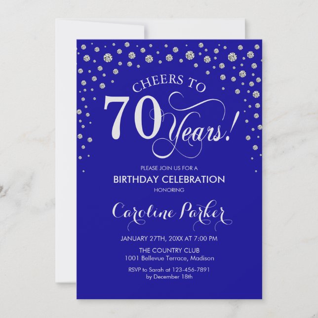 70th Birthday Party Invitation - Silver Royal Blue (Front)