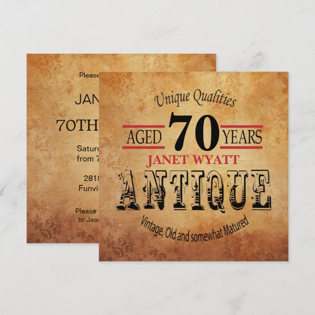 70th Birthday Party Invitation | Vintage - DIY Age (Front/Back)