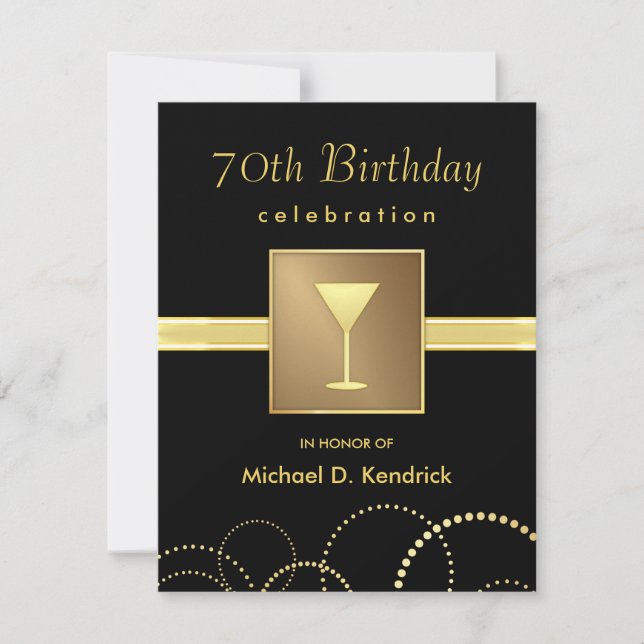 70th Birthday Party Invitations Formal Black Gold (Front)