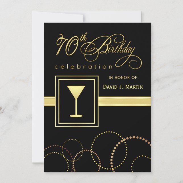 70th Birthday Party Invitations - Gold and Black (Front)