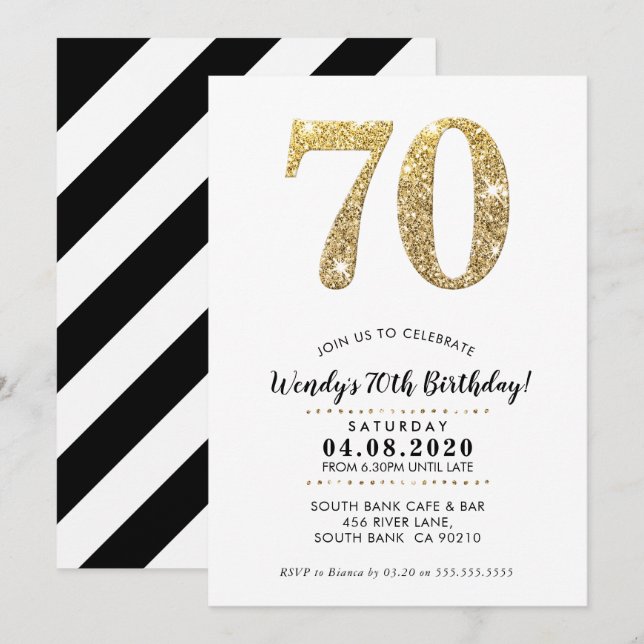 70TH BIRTHDAY PARTY INVITE modern gold glitter (Front/Back)