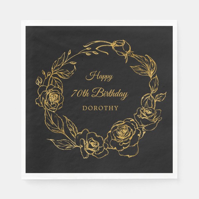 70th Birthday Party Luxe Gold Rose Black Cocktail Napkin (Front)