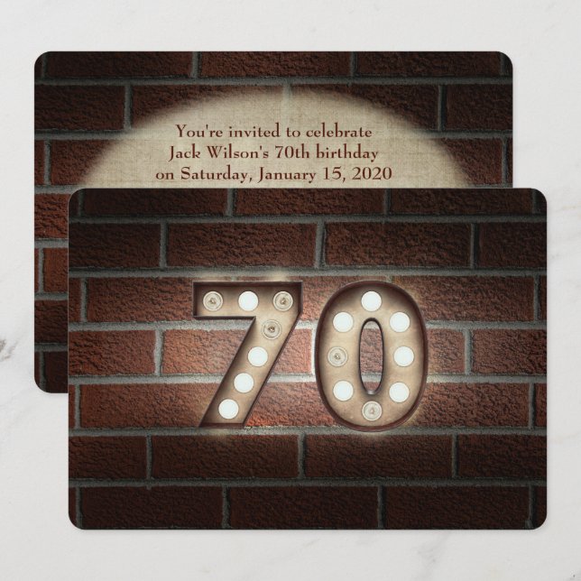 70th Birthday Party-marquee lights on brick Invitation (Front/Back)