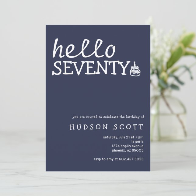 70th Birthday Party Mens Hello Seventy Navy Blue Invitation (Standing Front)